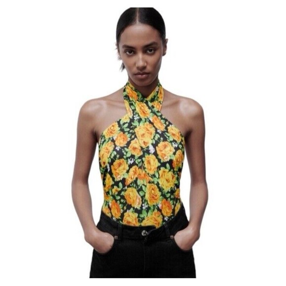 Zara Halter Top Bodysuit Size Small S Black Yellow Green Floral Twist Neck NWT - Picture 2 of 11